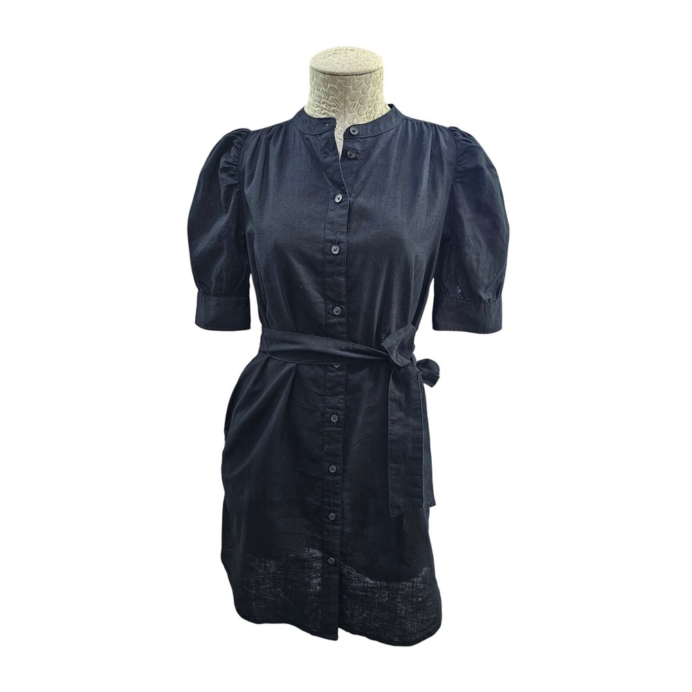 Gap Linen Blend Shirt Dress Womens XXS Black Puff Sleeve Belted Button Down Mini